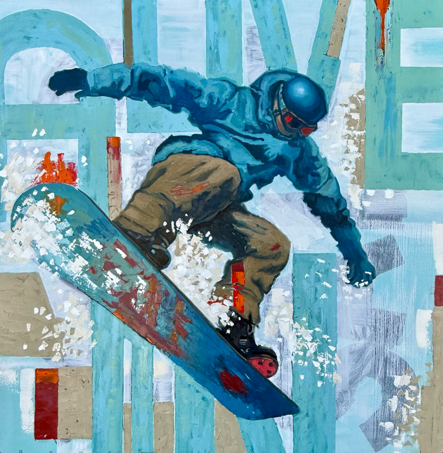 “Alive Again” – 48x48 oil painting of a snowboarder mid-air, painted in vibrant Coldplay-inspired colors using the Color Chording method by Brandon Bouck. Urban elements and abstract textures emphasize rebirth, movement, and energy.