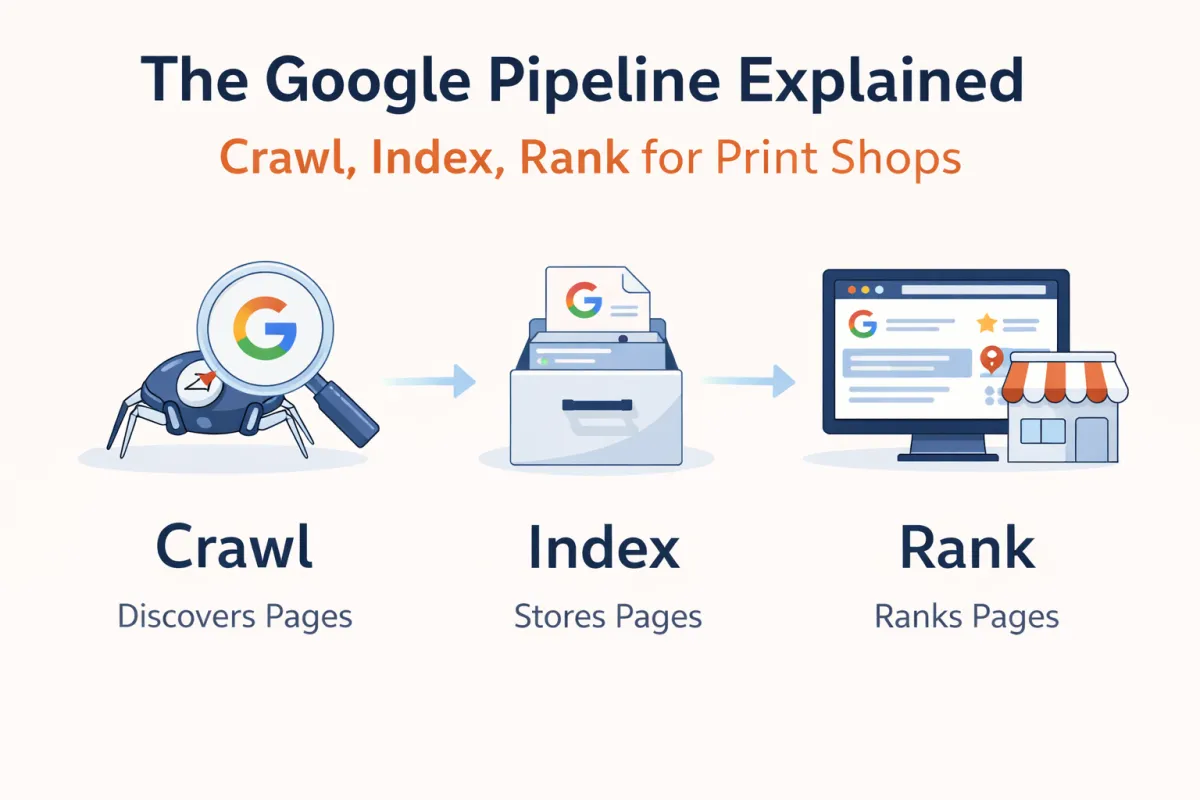 Graphic explaining Google’s crawl, index, and rank process for print shop websites 