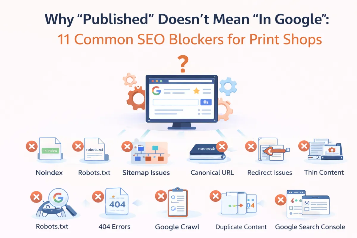 Infographic showing common SEO blockers that stop a published print shop page from appearing in Google