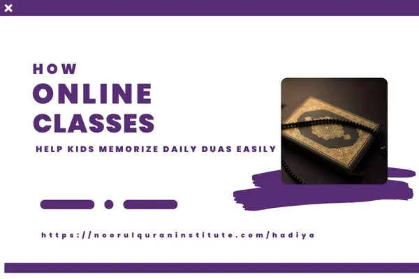 A Muslim child raising hands in dua while learning through online Quran classes.