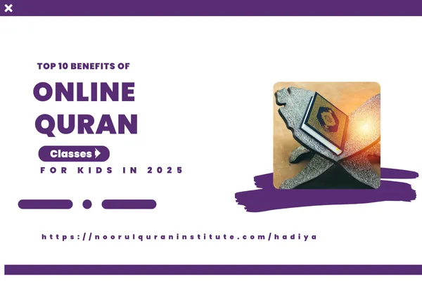 A collage showing kids learning Quran online, including visuals of laptops, teachers on video call, Quranic verses, and icons representing comfort, safety, and flexibility