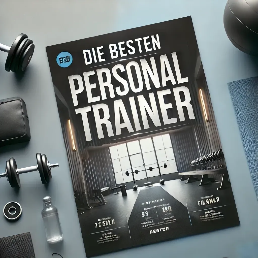 Ein hochauflösendes Coverbild für einen Blogbeitrag mit dem Titel „Die besten Personal Trainer in meiner Nähe!“. Der Text ist in fetten, modernen Schriften prominent platziert, wobei „in meiner Nähe!“ klar hervorgehoben ist. Der Hintergrund zeigt ein minimalistisches Fitnessstudio mit Hanteln und einer Yogamatte, ergänzt durch einen subtilen blauen Farbverlauf. Das Bild vermittelt Professionalität und Eleganz, passend zum Thema Fitness und Coaching.