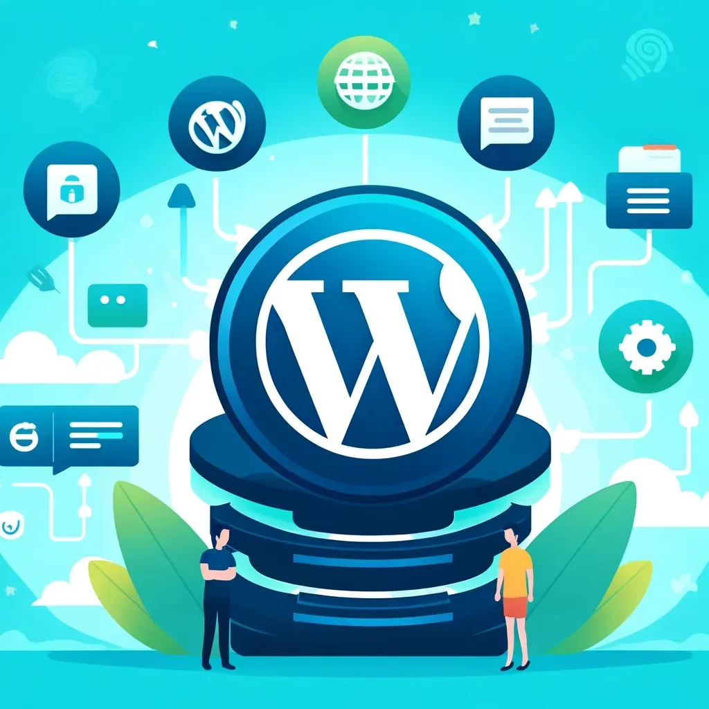 Comparison illustration of WordPress and Go Highlevel, highlighting the features and benefits of each platform with their respective logos and arrows pointing to various details.