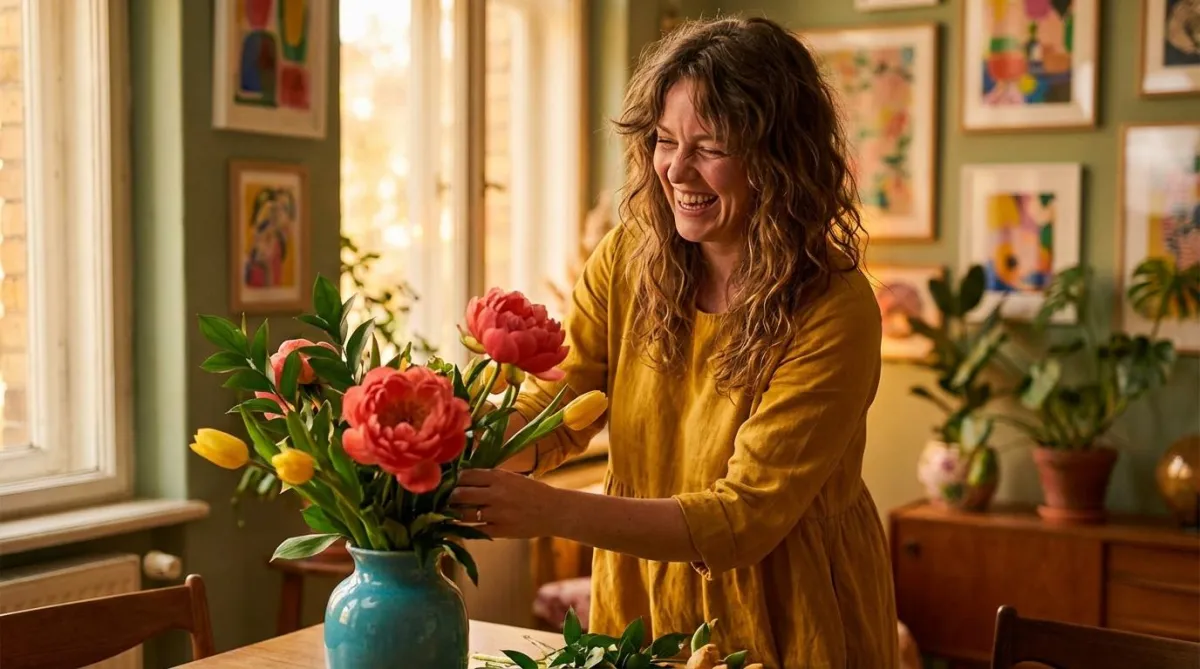 Woman joyfully arranging vibrant flowers in her sunlit apartment, embodying the happiness of solo living and creating a beautiful personal space.