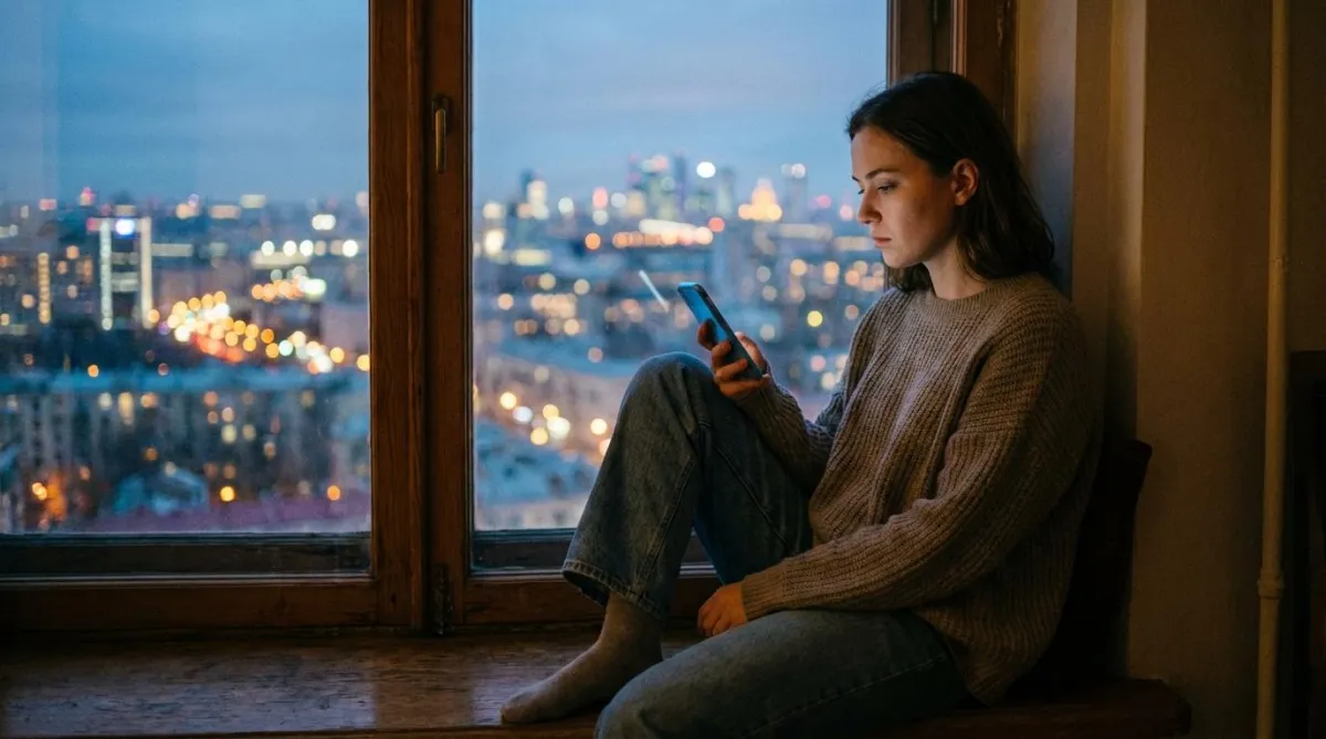 A young Gen Z woman looking thoughtfully at her glowing smartphone at night, representing digital loneliness.