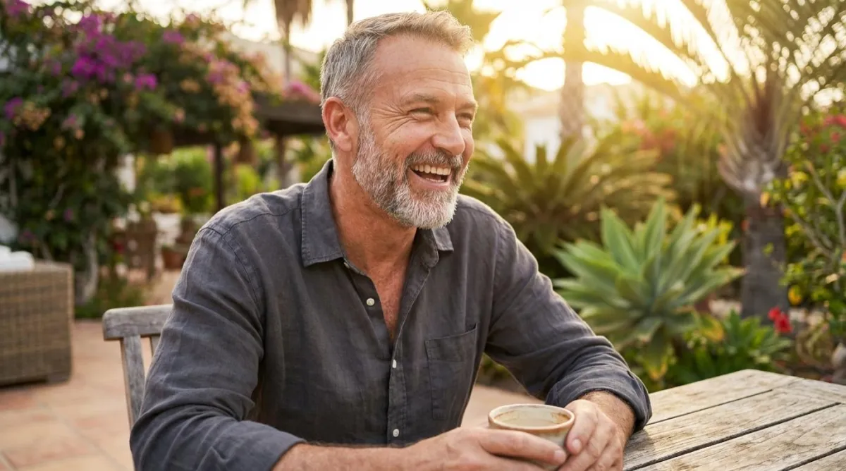 A confident and happy gay man over 50 enjoying a tropical lifestyle, representing life reinvention.