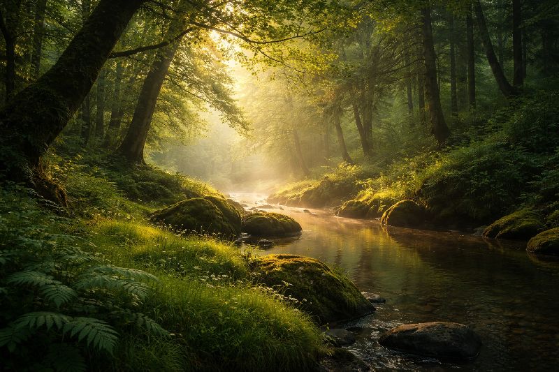 Sunlight over a forest stream