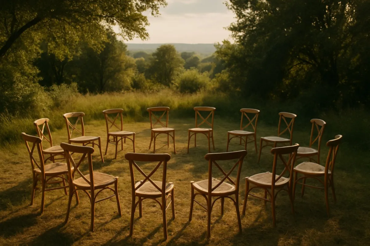 A circle of empty chairs outdoors