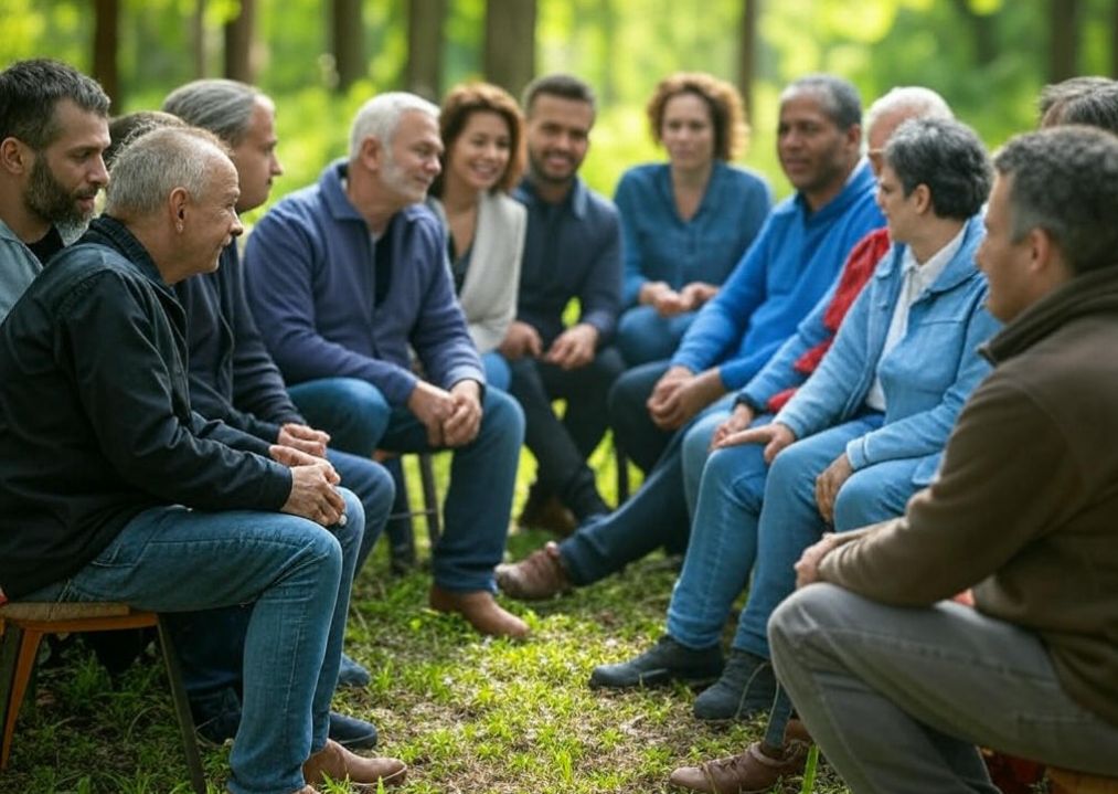 A small circle of people huddled together in nature having a conversation