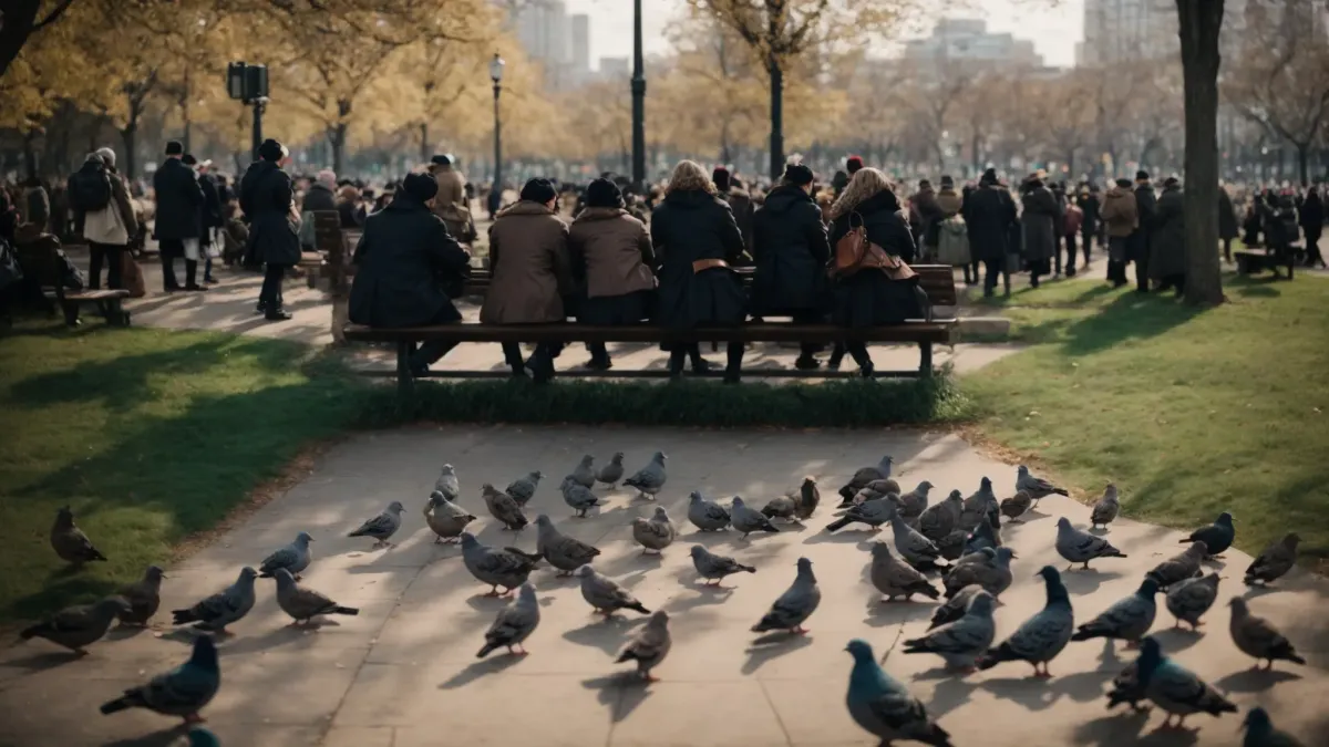 people in the park sitting on a park bench surrounded by pigeons