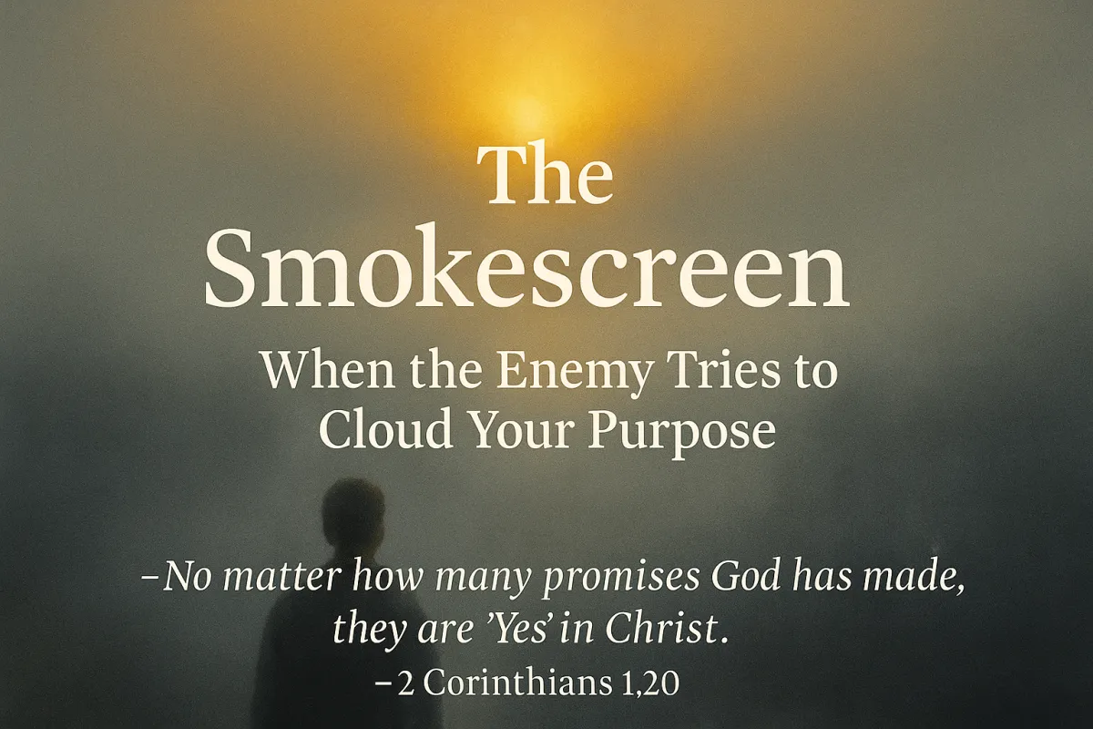 Silhouette of a person standing in thick fog beneath a glowing sunrise, with the blog title 'The Smokescreen' and Scripture from 2 Corinthians 1:20 overlaid.