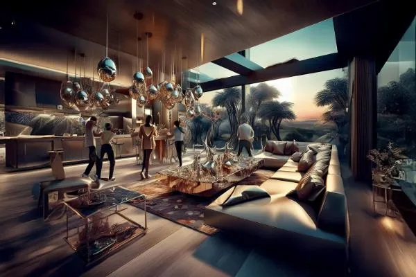 People at a party in luxury home listenting to music