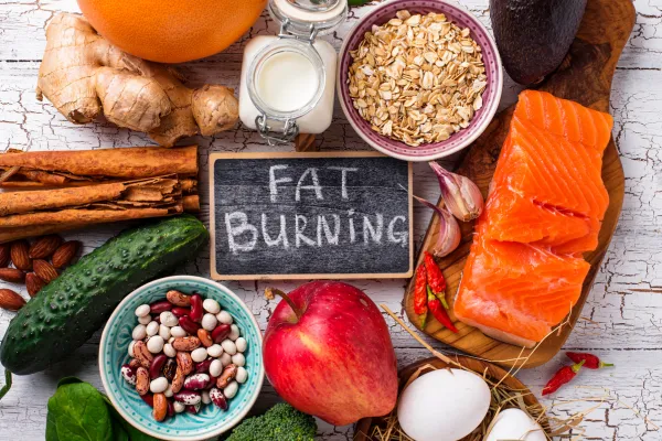 health food in image with the words fat burring 