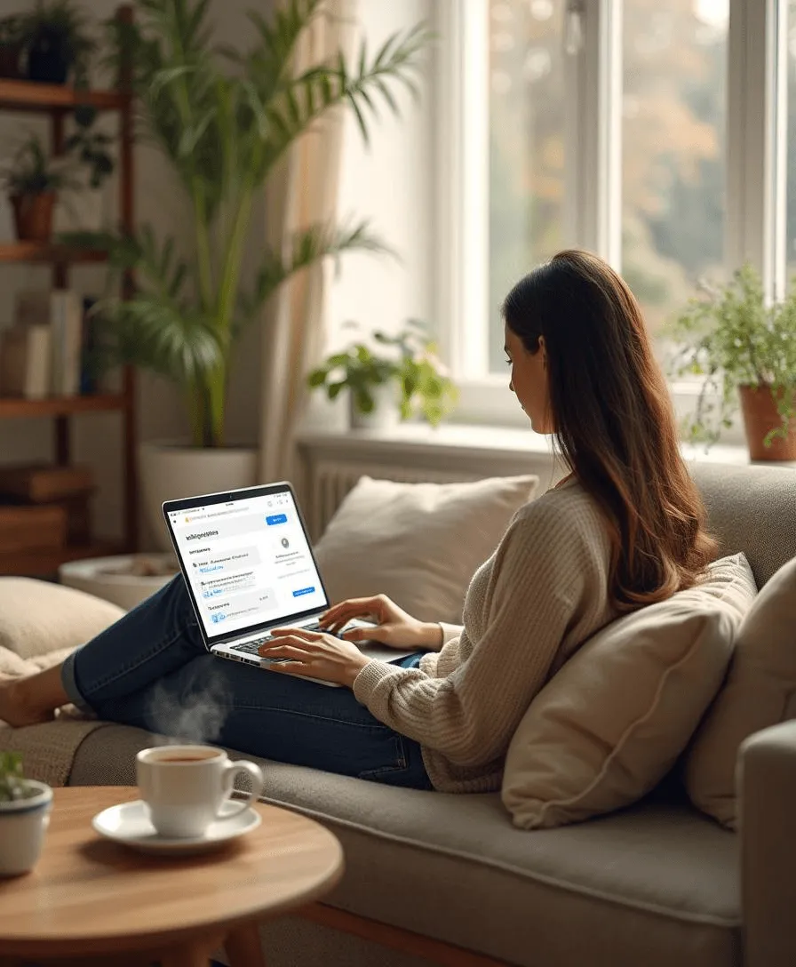 image of woman using laptop next to a cup of coffee