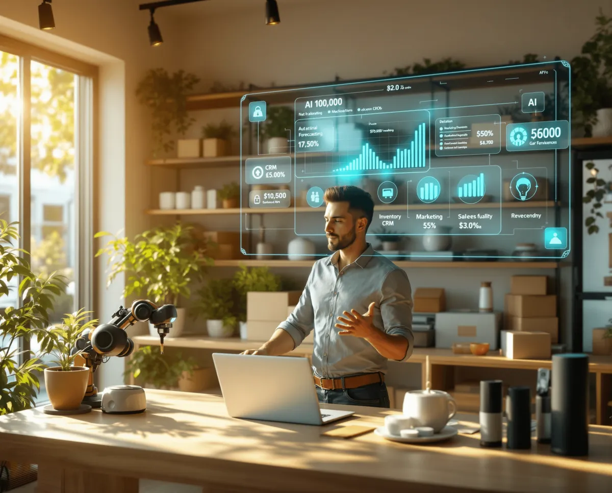 Man at a retail counter with laptop and virtual digial dashboard projected behind him