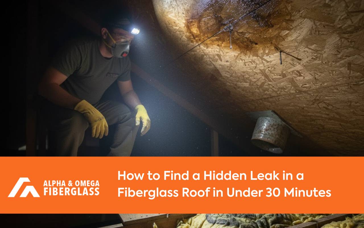 Technician checking wet insulation signs during leak detection in fiberglass roof from the attic space