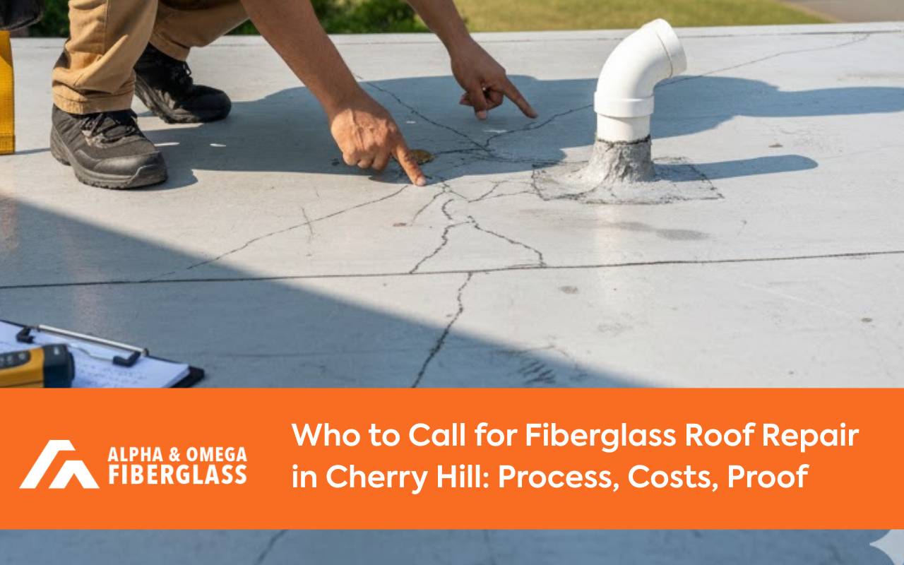 Technician performing fiberglass roof repair in Cherry Hill during a detailed leak inspection.