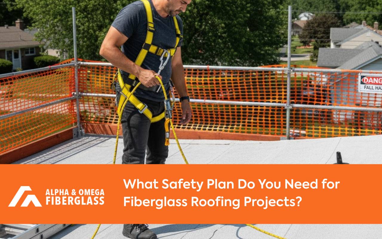 Workers using fall protection under a roof safety plan fiberglass with guardrails and lifelines installed around roof edges