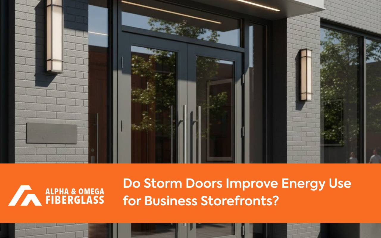 Modern commercial entrance with storefront storm doors improving energy efficiency and indoor comfort
