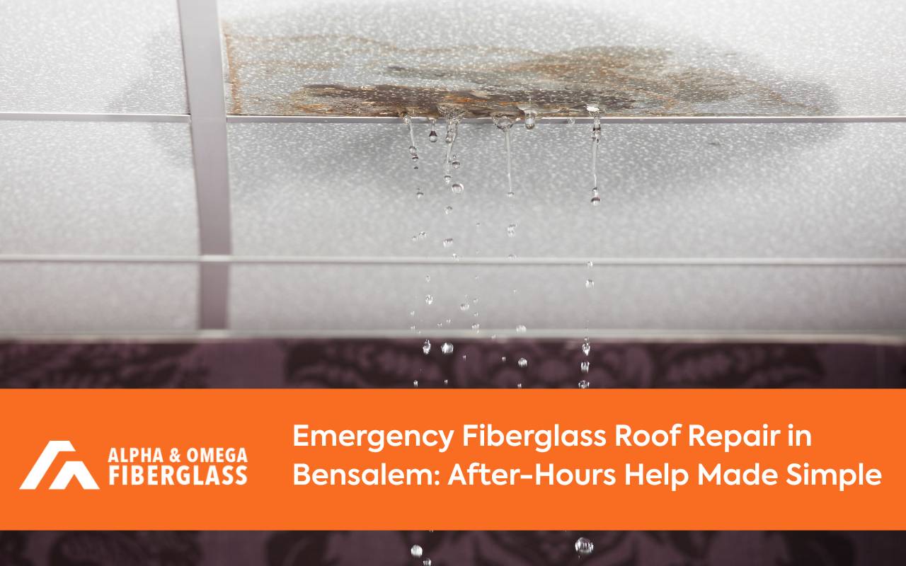 Technician providing emergency fiberglass roof repair in Bensalem during a nighttime storm leak