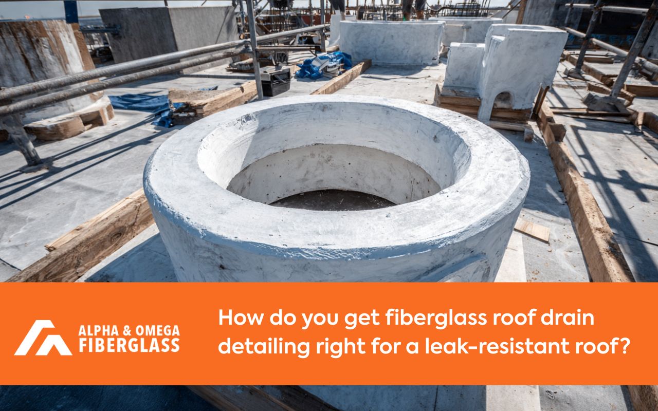 Fiberglass roof drain detailing showing drain bowl prep before reinforcement