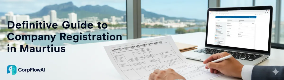 Hands reviewing a Mauritius company registration flowchart and a laptop displaying online forms, with the CorpFlowAI logo, set in a modern office overlooking the Port Louis harbor, symbolizing expert guidance for business setup.