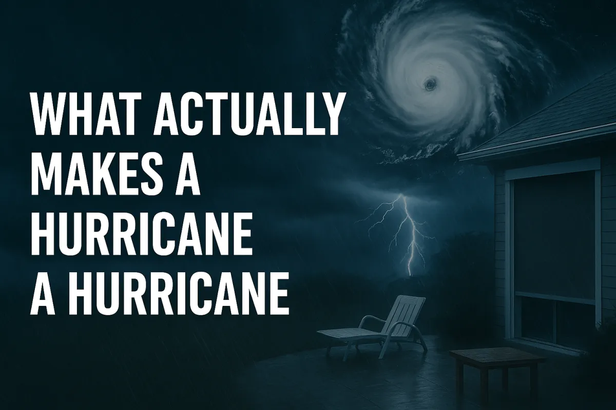 Blog graphic for “What Actually Makes a Hurricane a Hurricane” showing a swirling hurricane eye in storm clouds, lightning striking in the distance, heavy rain falling over a suburban home with a patio chair and table, conveying the power and danger of hurricanes.