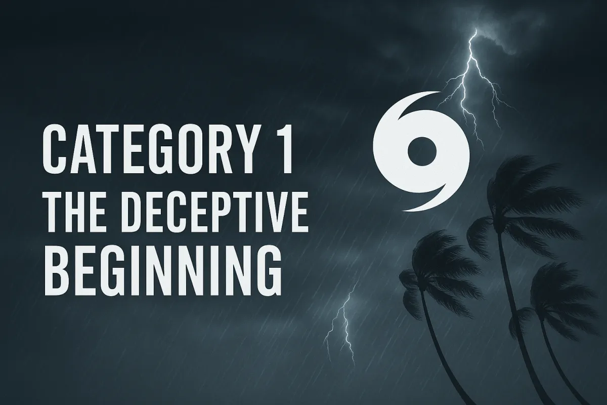Graphic for “Category 1: The Deceptive Beginning” featuring bold white text on a stormy background with dark clouds, lightning, and bending palm trees, alongside a large hurricane symbol.