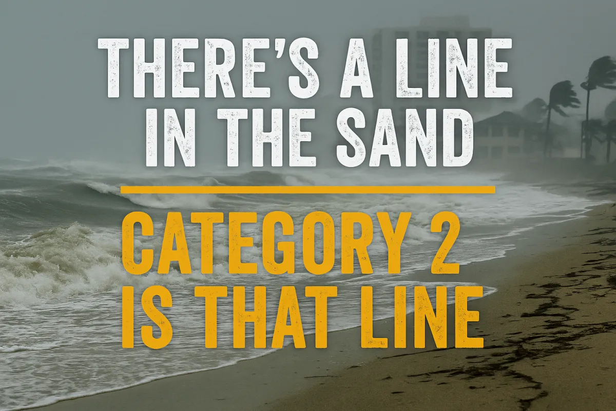 Graphic for “Category 2: The Line in the Sand” featuring bold white and yellow text over a stormy beach scene, with rough waves, dark skies, and palm trees bending in strong winds.