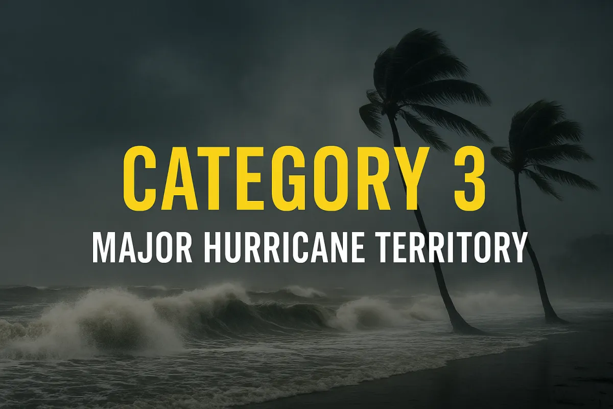 A dramatic storm scene with dark swirling clouds and powerful winds bending palm trees, overlaid with bold text “Category 3: Major Hurricane Territory,” symbolizing devastating winds, storm surge, and severe hurricane impacts.