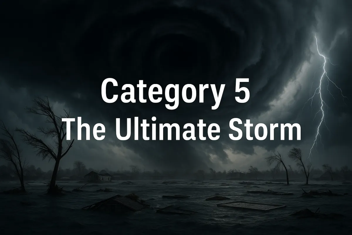 Realistic storm scene for “Category 5: The Ultimate Storm” showing a devastated coastal area with floodwaters submerging homes, rooftops and foundations barely visible, snapped palm trees, floating debris, and a massive hurricane eye wall with dark swirling clouds and lightning overhead.