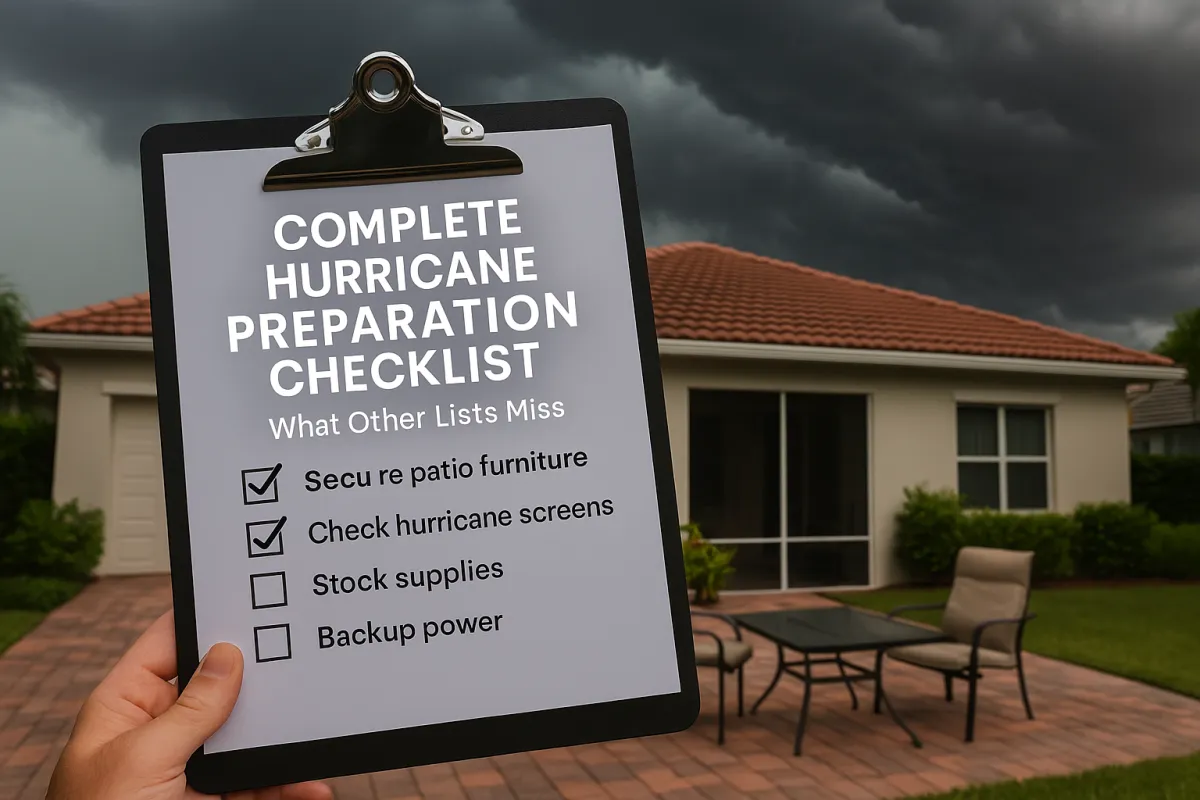 Photo for “Complete Hurricane Preparation Checklist: What Lists Miss” showing a suburban home with dark storm clouds in the distance and a checklist on a clipboard in the foreground with items like securing patio furniture, checking hurricane screens, stocking supplies, and backup power, some checked off and others not.