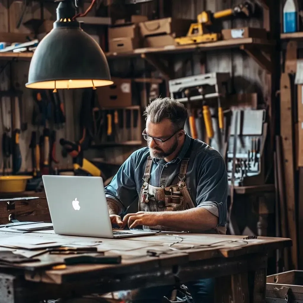 Handwerker am Laptop bei der Erstellung einer modernen Website für sein Unternehmen
