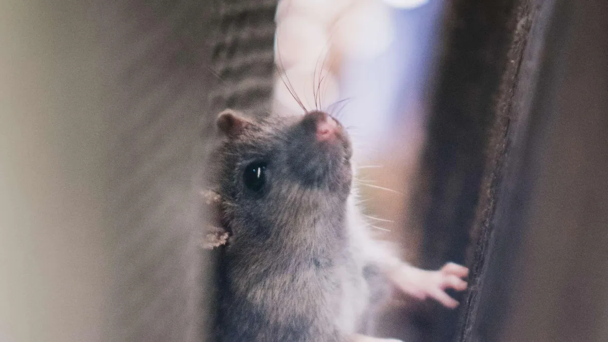mouse on a gap looking up to illustrate the mice under stove