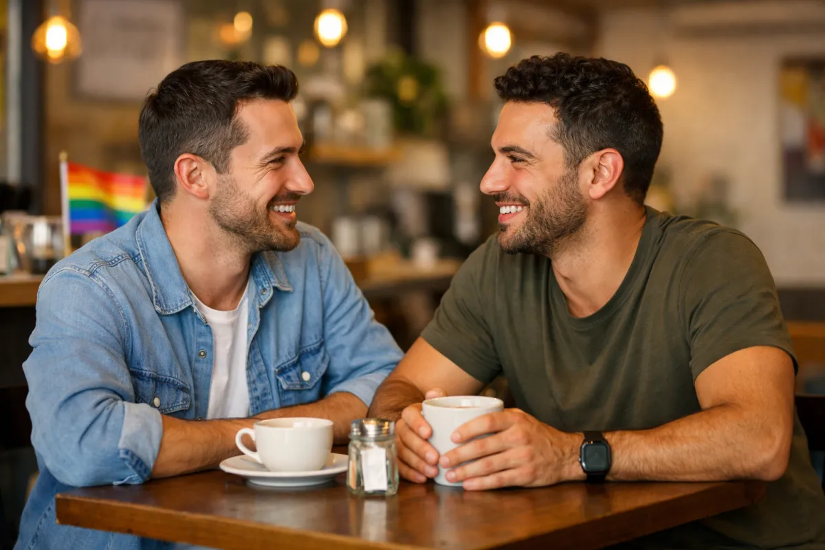 Two men in a gay relationship sitting at a café, smiling and talking naturally, representing authentic connection and dating for gay men.