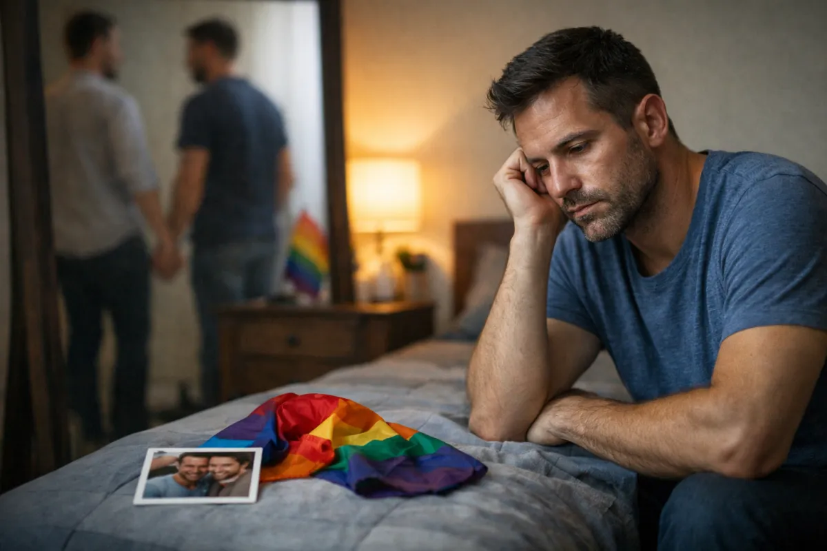 Queer man sitting on the edge of a bed, looking thoughtful, with a blurred reflection of two men holding hands in a mirror behind him.