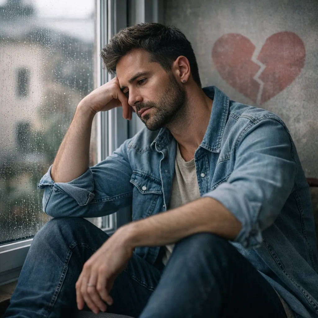 Man sitting by a rainy window looking thoughtful after a gay breakup, symbolizing emotional healing, identity loss, and recovery after a relationship ends