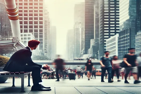 Man sits alone in city as crowds blur past—reflecting quiet beneath chaos