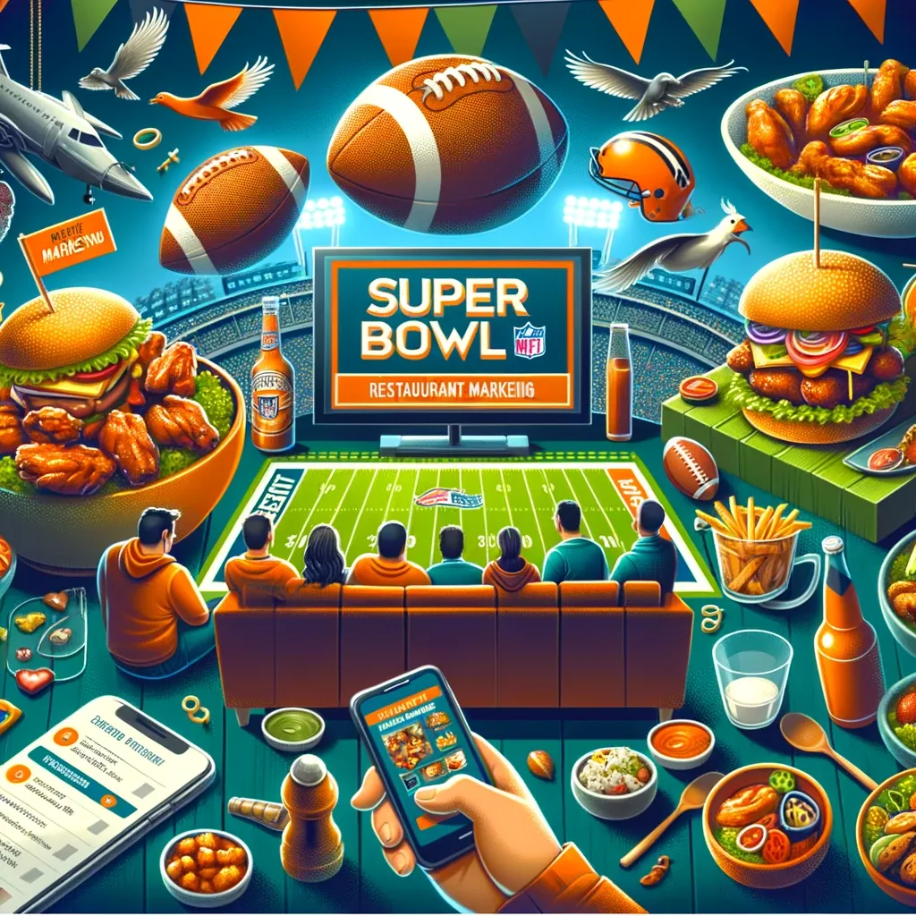 Super Bowl, restaurant marketing, game day, football, themed menu, viewing party, social media contest, catering, local business partnership, email marketing, loyalty program, exclusive merchandise, betting pool, fantasy league, MainDine logo