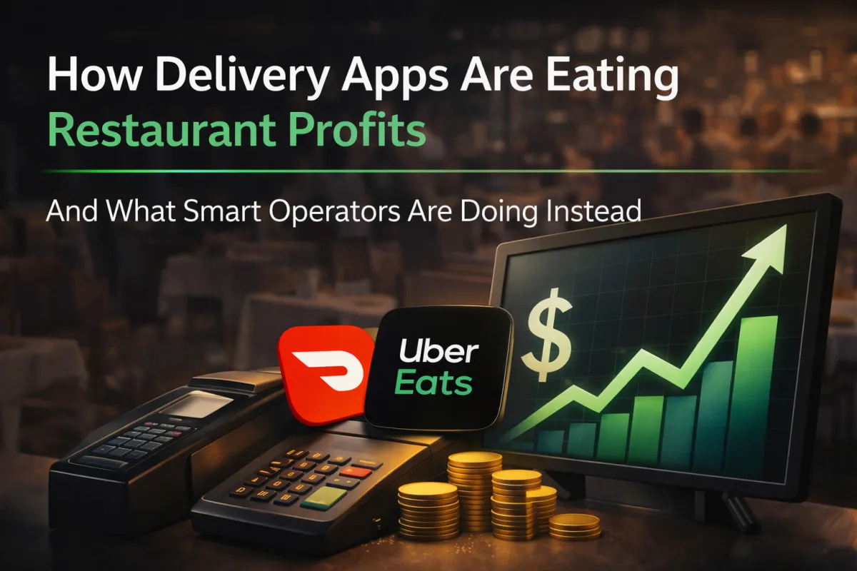 Restaurant POS screen showing rising sales graph while delivery apps impact profit margins