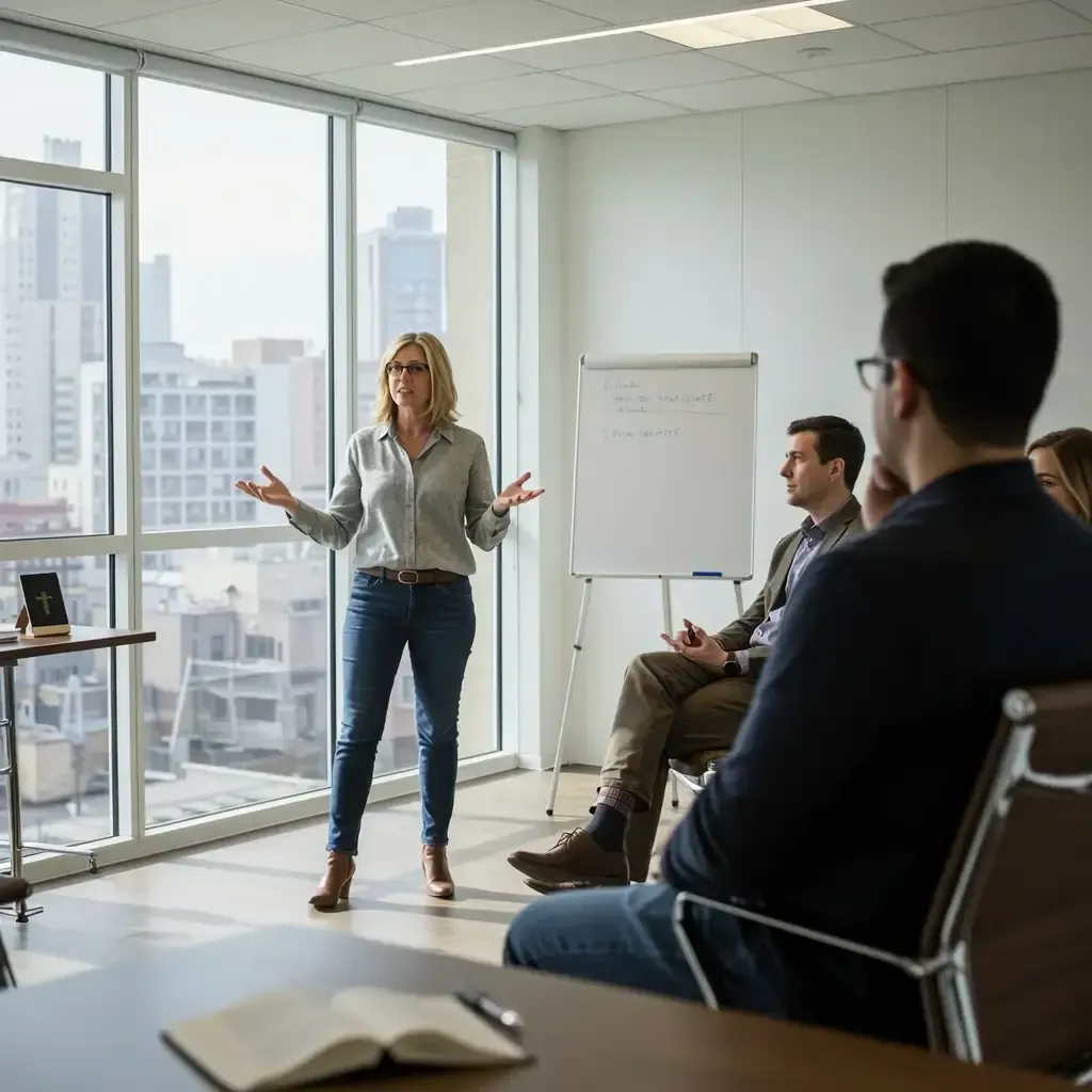 Speaker engaging with audience in modern office space with city view