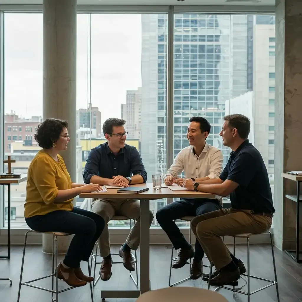 Diverse team meeting in modern office with city view and religious symbols