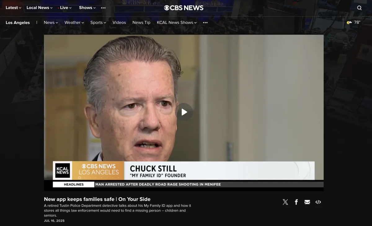 An image of Chuck Still's interview from the My Family ID & CBS KCAL News segment.
