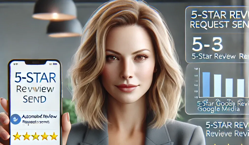 Woman holding phone illustrating review requests