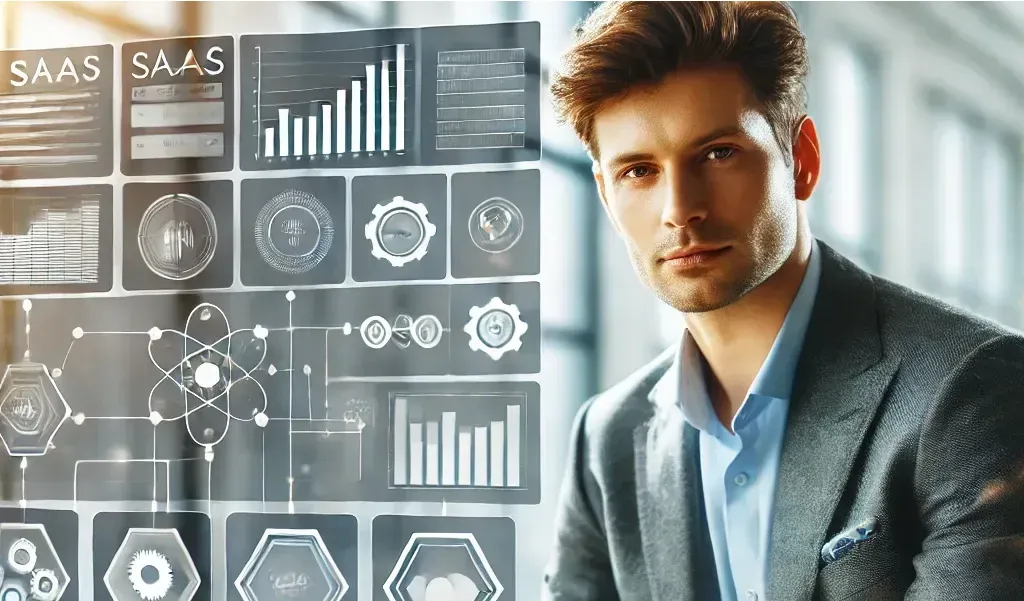 A man in suit using SaaS to automate workflows.