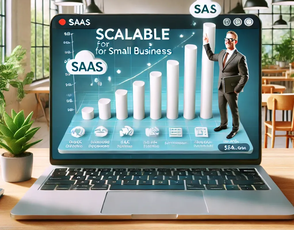 A growing bar chart on a laptop screen, with a business owner excitedly pointing at it, illustrating the scalability of SaaS in a bright modern office.