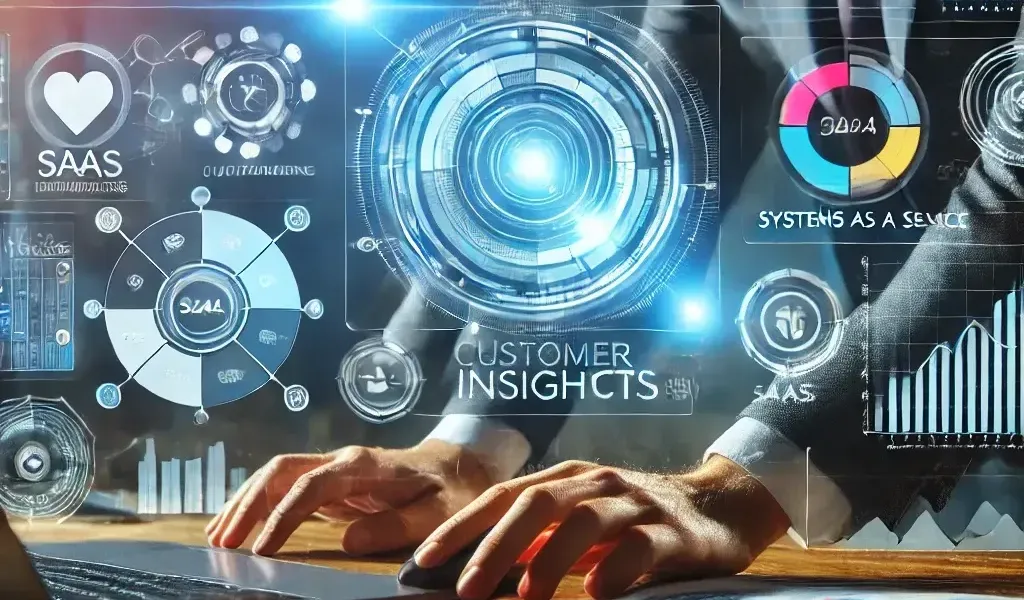 A business professional analyzing a digital dashboard with SAAS insights.