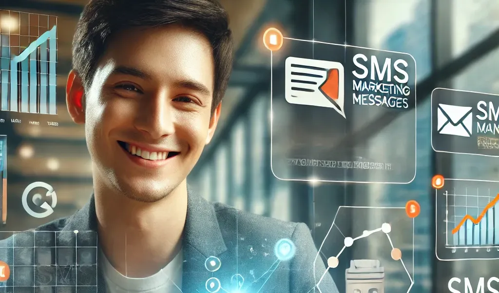 A smiling man in a modern office uses his smartphone, surrounded by futuristic SMS marketing icons, charts, and analytics, highlighting the power of SMS campaigns for business growth.