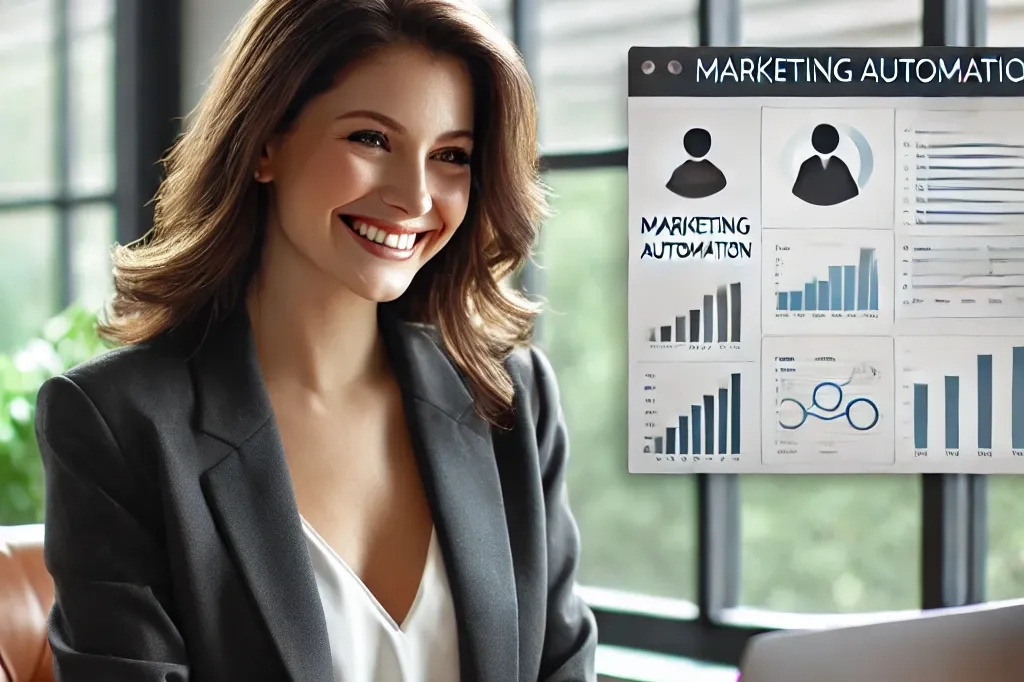 Business owner using a laptop for marketing automation.