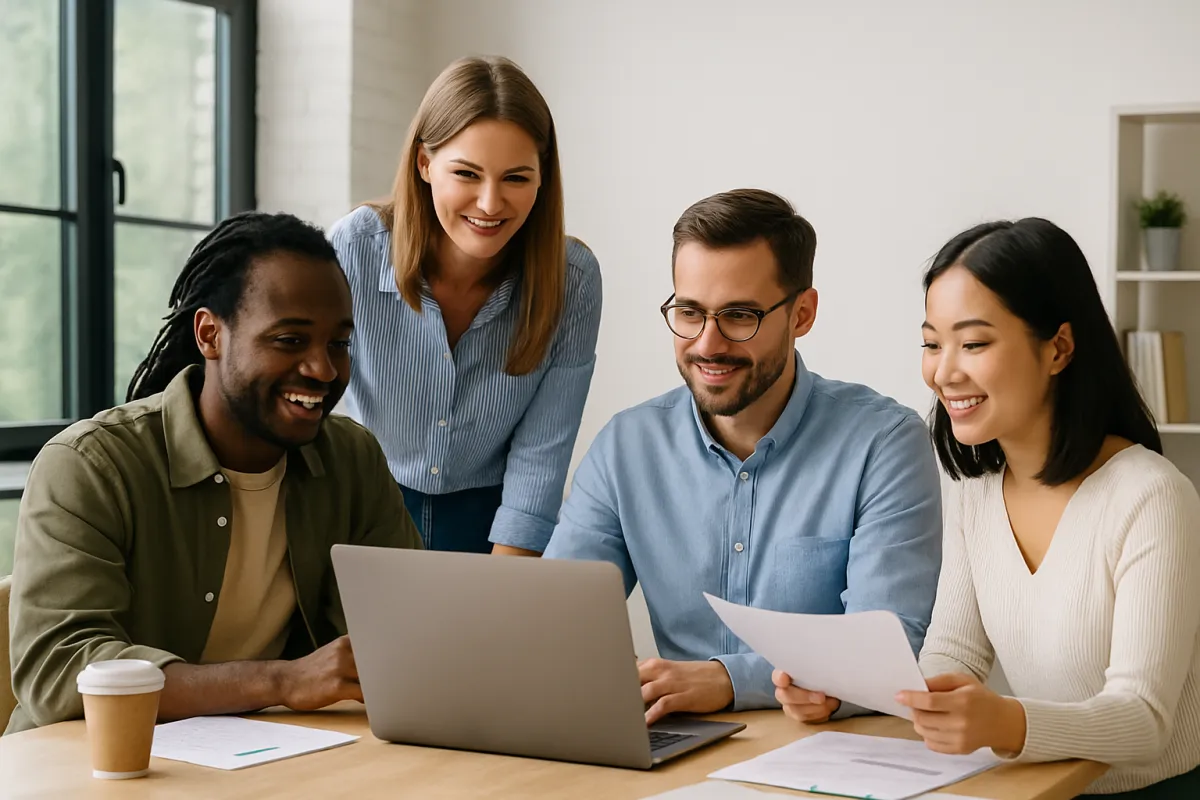 Group of diverse professionals collaborating around a laptop in a bright office.